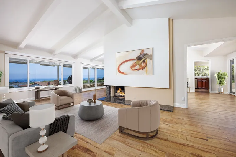 Living room virtually staged with fireplace seating — Orange County, CA real estate photography