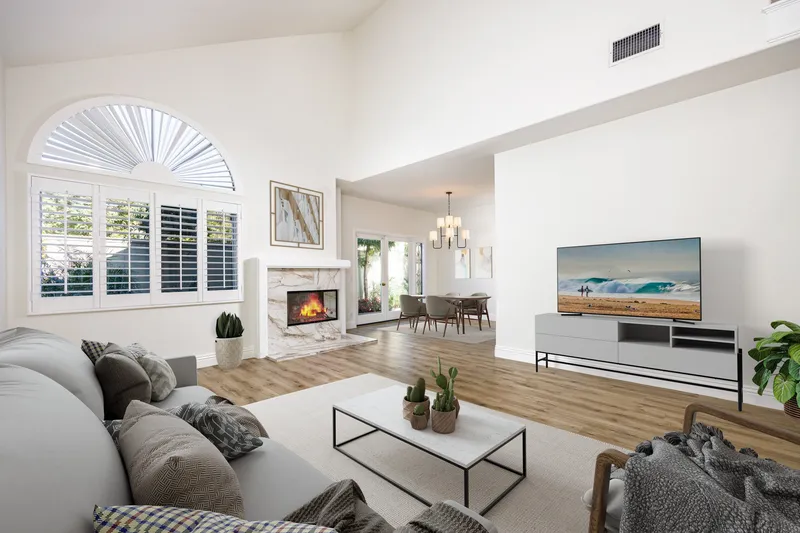 Living room virtually staged with couch and coffee table — Orange County, CA real estate photography
